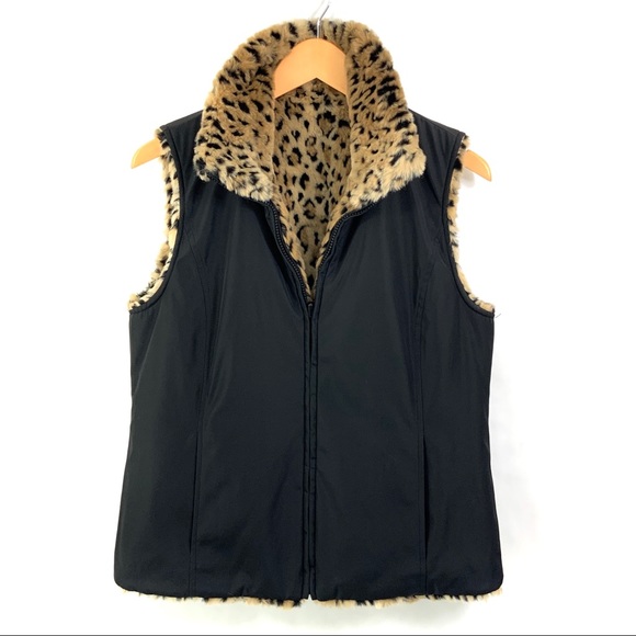 KRISTEN BLAKE Vest Small Black Reversible Zip Up Faux Leopard Fur Vest J1 - Picture 3 of 5